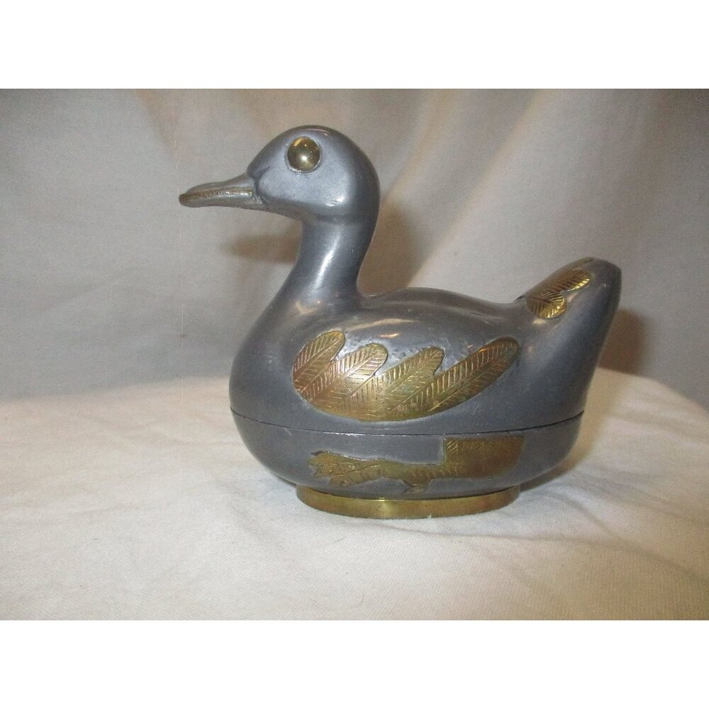 Pewter Metal Brass details Duck Keepsake Mallard candy dish midcentury modern‎